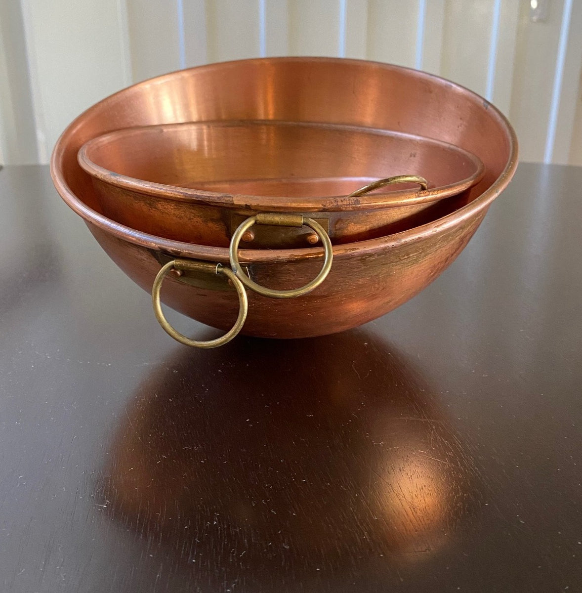 Vintage Set of Three Copper Mixing Bowls With Brass Loop 