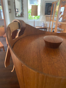 Mid-century teak ice bucket with cane handles. Original aluminum insert in great condition. Comes with matching molded teak tongs- Cook Street Vintage