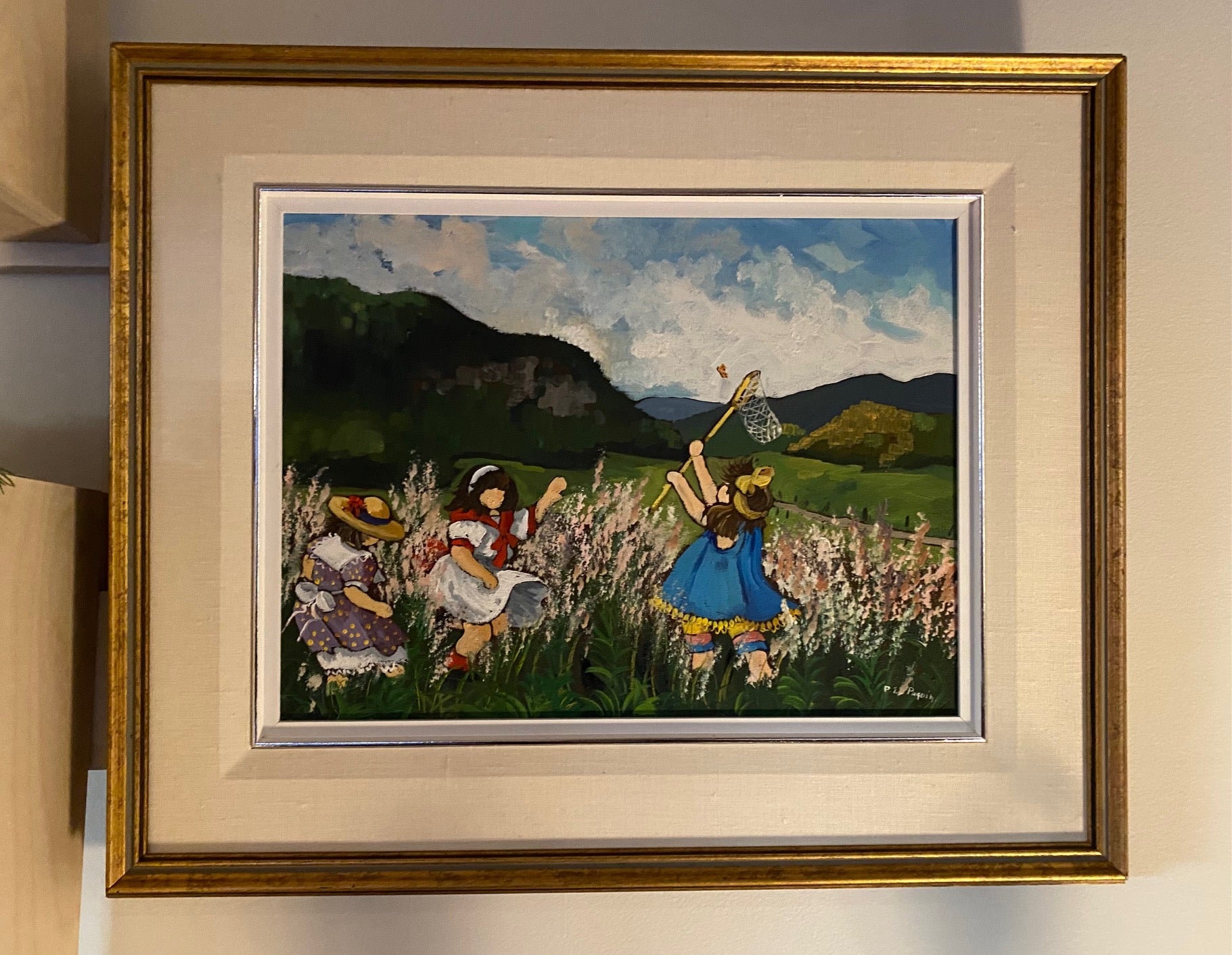 Oil on canvas by Pauline Paquin, 'La Chasse aux papillons"- Cook Street Vintage