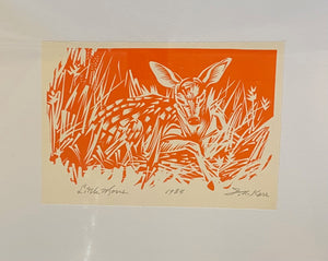 Lovely serigrpah of a deer fawn in the grass. "Little Moses" by&nbsp; Canadian artist, Illingworth Kerr (1905-1989). Serigraph signed and dated, 1985- Cook Street Vintage