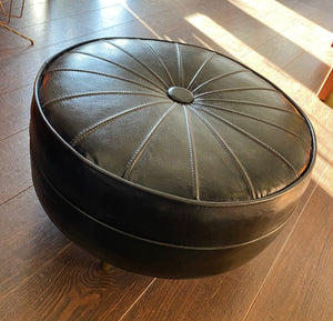 Vintage Black Leather Hassock with Hollywood Legs- Cook Street Vintage