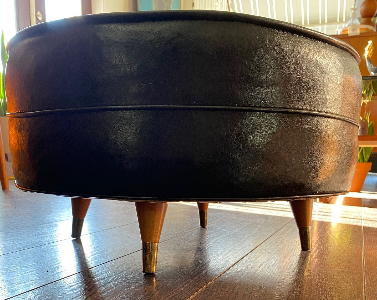 Vintage Black Leather Hassock with Hollywood Legs- Cook Street Vintage